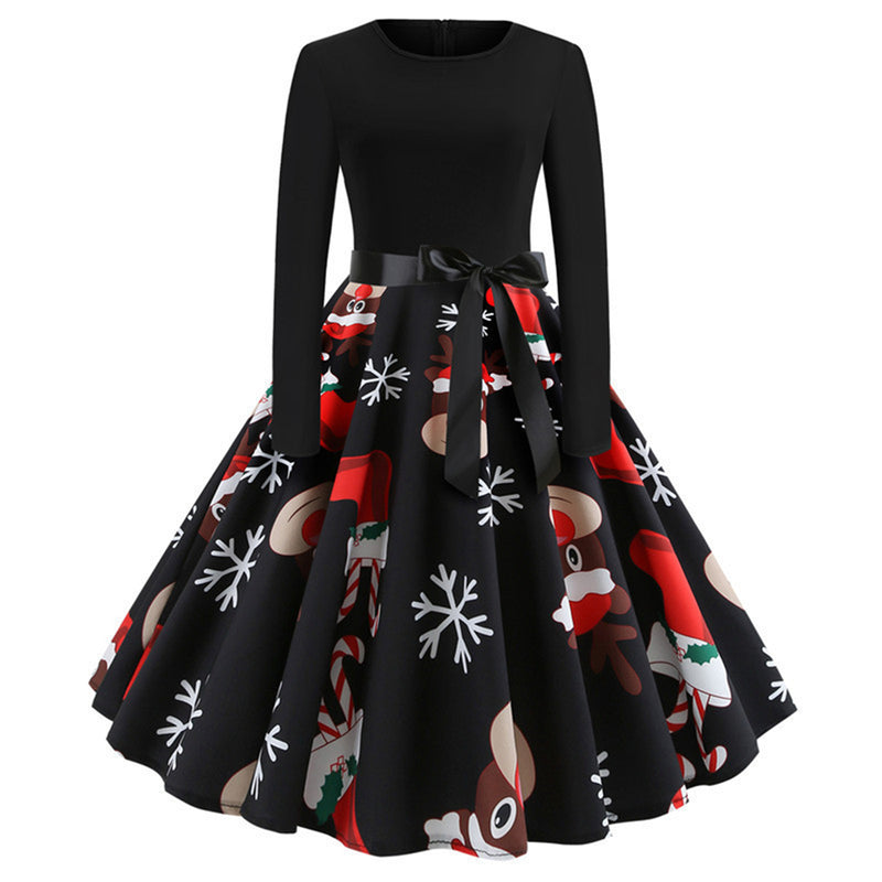 Women Retro Round Neck Long Sleeve Christmas Printed Dress