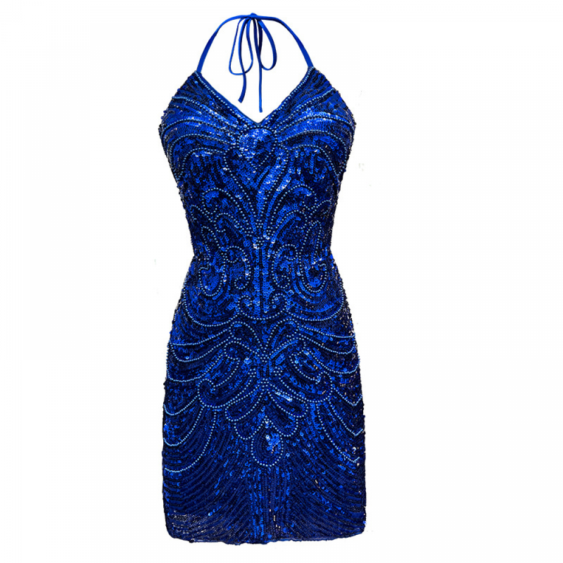 Women Sequin Gown Glitter Sparkly Backless Bodycon Mini Dress