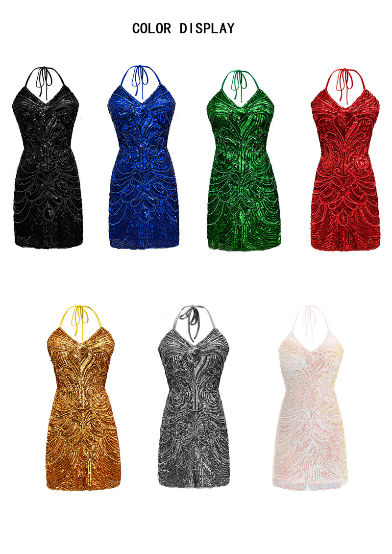 Women Sequin Gown Glitter Sparkly Backless Bodycon Mini Dress