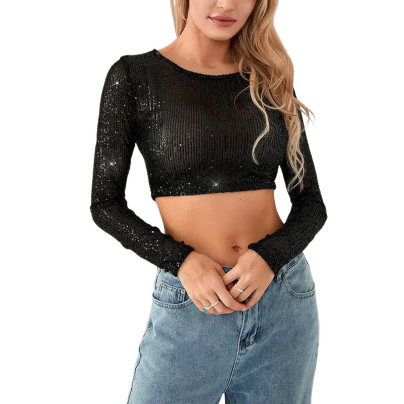 Women Sequin Tops for Women Crewneck Fashion Sparkly Sequin Crop Tee