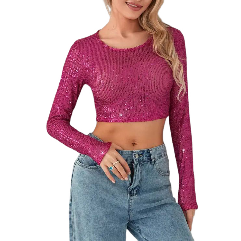 Women Sequin Tops for Women Crewneck Fashion Sparkly Sequin Crop Tee