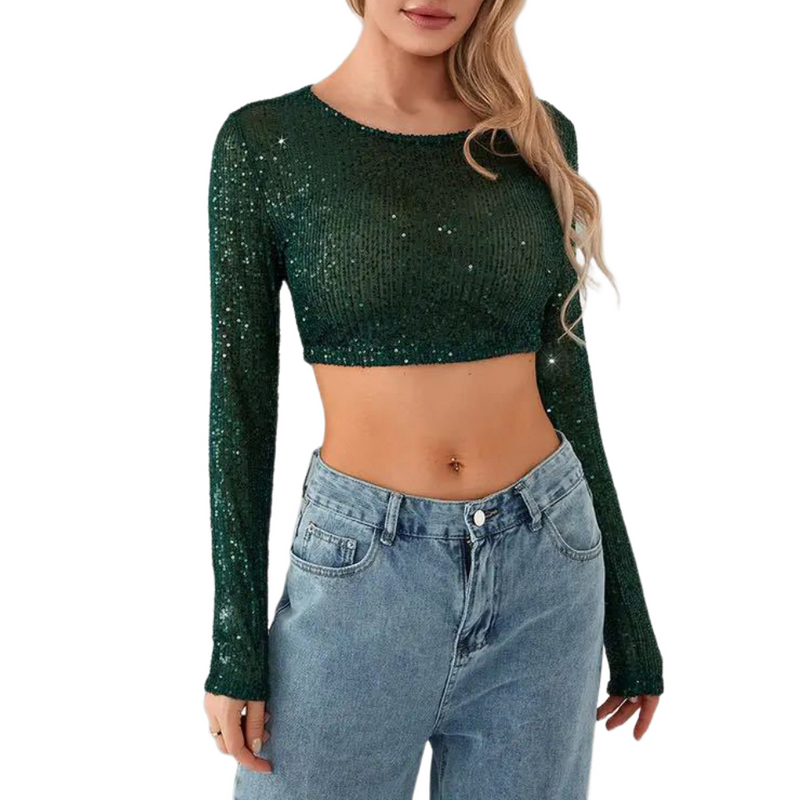 Women Sequin Tops for Women Crewneck Fashion Sparkly Sequin Crop Tee