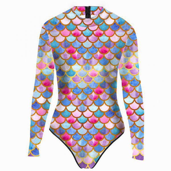 Women Sexy Rash Guard One Piece Swimsuit Fish Scales Print Jumpsuit