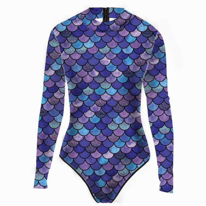 Women Sexy Rash Guard One Piece Swimsuit Fish Scales Print Jumpsuit