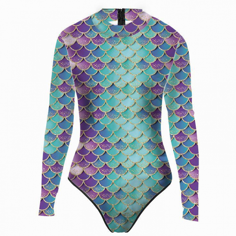 Women Sexy Rash Guard One Piece Swimsuit Fish Scales Print Jumpsuit