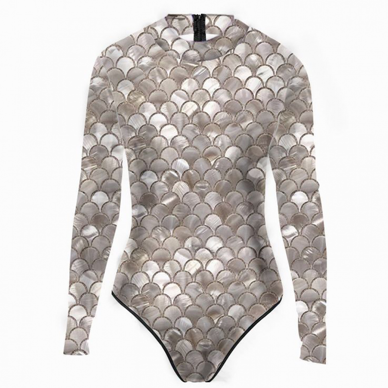 Women Sexy Rash Guard One Piece Swimsuit Fish Scales Print Jumpsuit