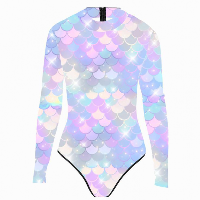 Women Sexy Rash Guard One Piece Swimsuit Fish Scales Print Jumpsuit