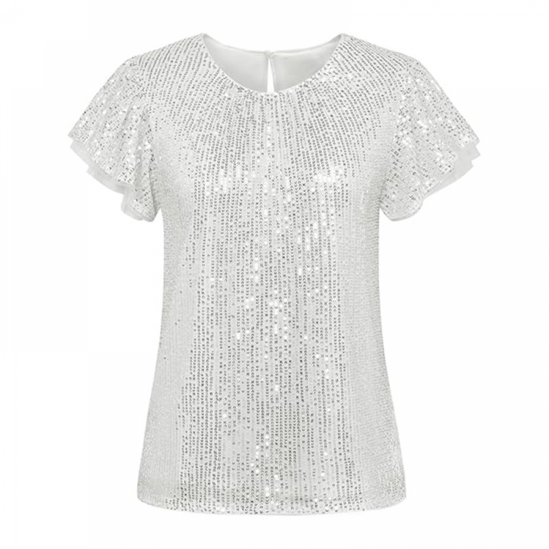 Women Short Sleeve Glitter Sparkly Party Blouse Dressy Sequin Blouse