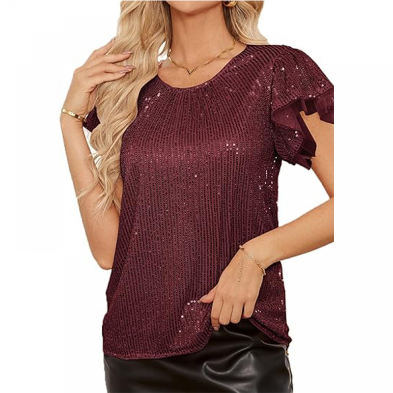 Women Short Sleeve Glitter Sparkly Party Blouse Dressy Sequin Blouse