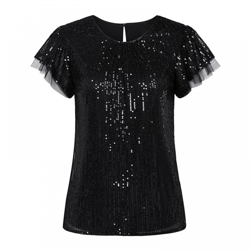 Women Short Sleeve Glitter Sparkly Party Blouse Dressy Sequin Blouse