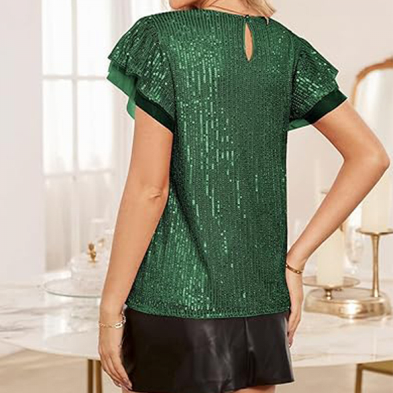 Women Short Sleeve Glitter Sparkly Party Blouse Dressy Sequin Blouse