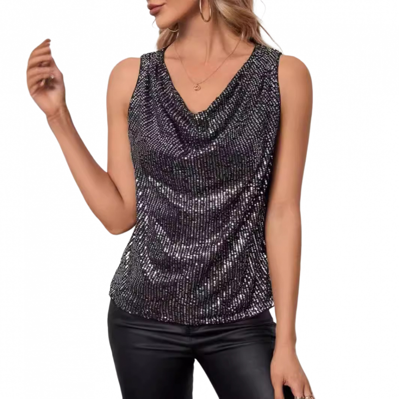 Women Sparkly Club Cocktail Party Drape Neck Glitter Sequin Tank