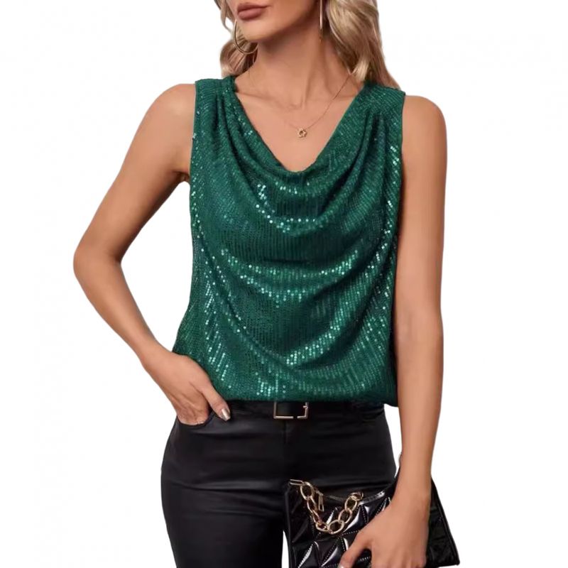 Women Sparkly Club Cocktail Party Drape Neck Glitter Sequin Tank