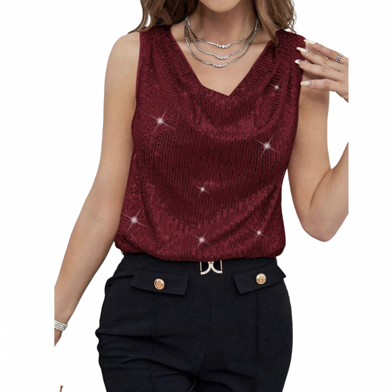 Women Sparkly Club Cocktail Party Drape Neck Glitter Sequin Tank