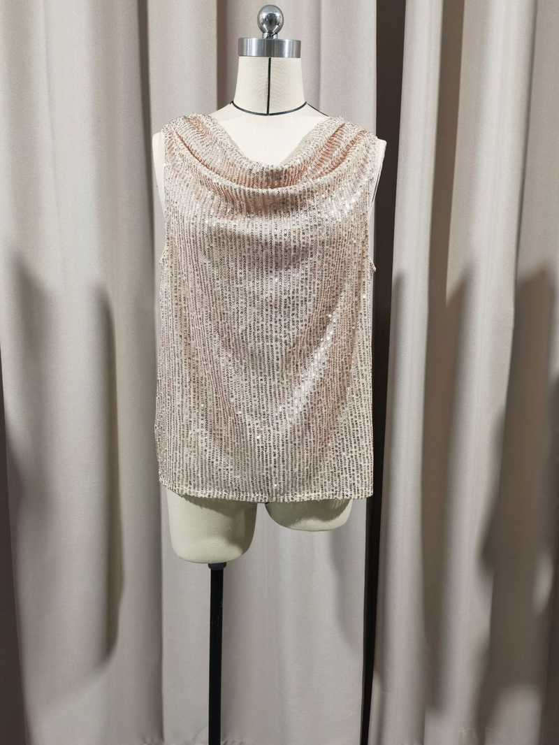 Women Sparkly Club Cocktail Party Drape Neck Glitter Sequin Tank