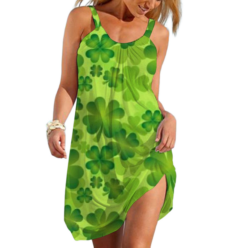 Women St Patricks Day Print Suspender Dress Clover Sleeveless Gown