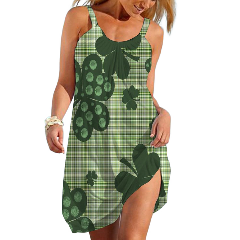 Women St Patricks Day Print Suspender Dress Clover Sleeveless Gown