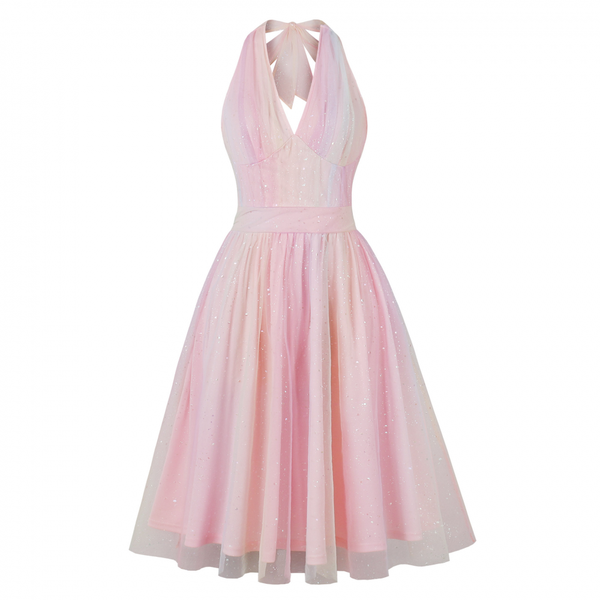 Women Tea Party Gradient Pink Hot Stamping Glitter Halter Cocktail Dress