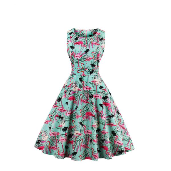 Women Tropical Leaf Flamingo Hepburn 1950s Vintage Swing Dress