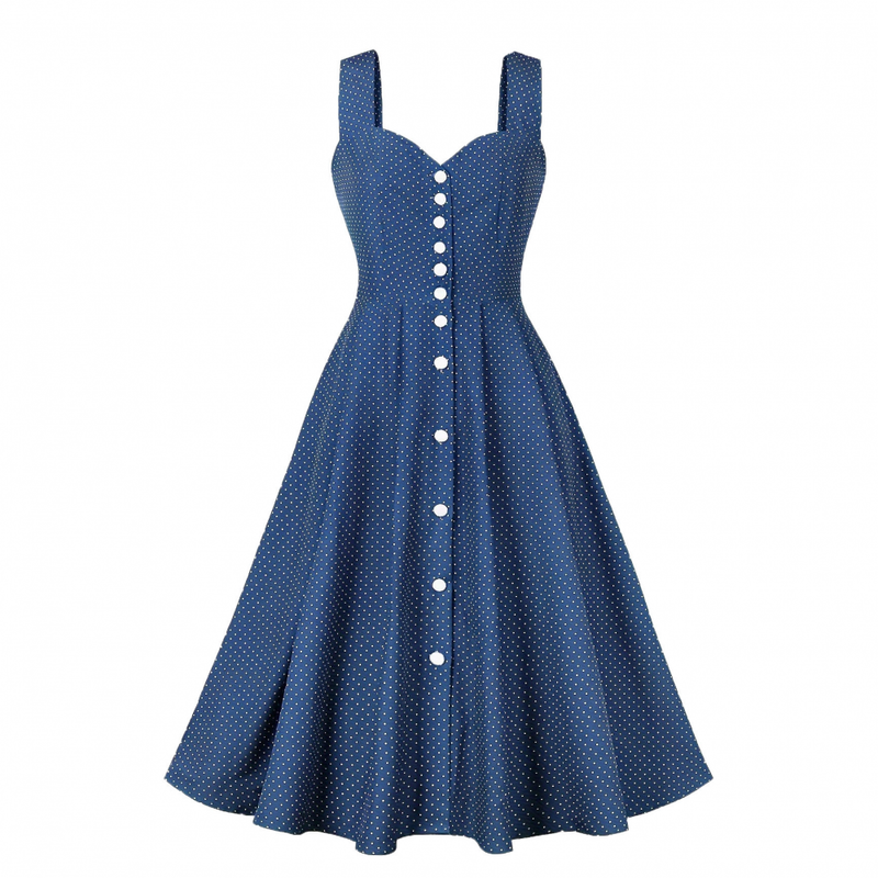 Women Wide Strap Polka Dots Vintage Single Breasted Cocktail Dress