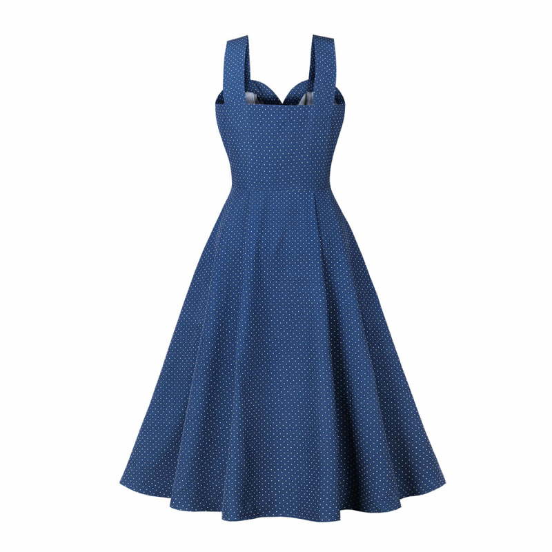 Women Wide Strap Polka Dots Vintage Single Breasted Cocktail Dress