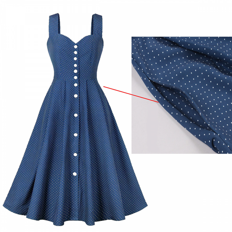 Women Wide Strap Polka Dots Vintage Single Breasted Cocktail Dress