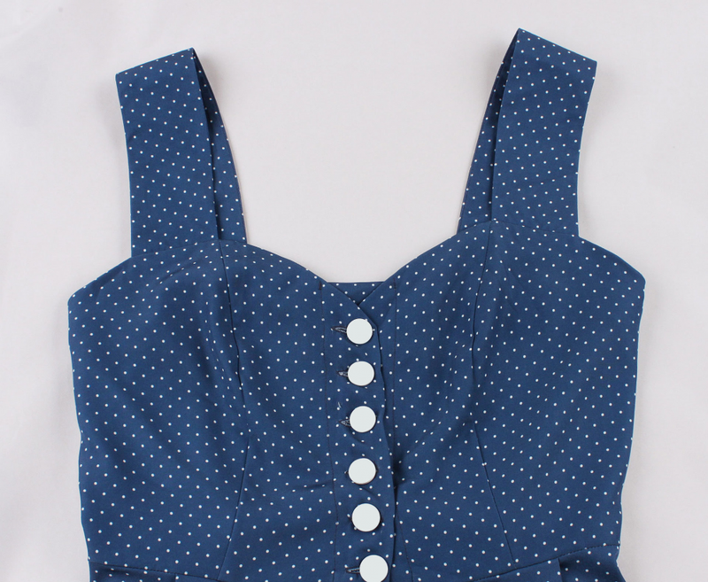 Women Wide Strap Polka Dots Vintage Single Breasted Cocktail Dress