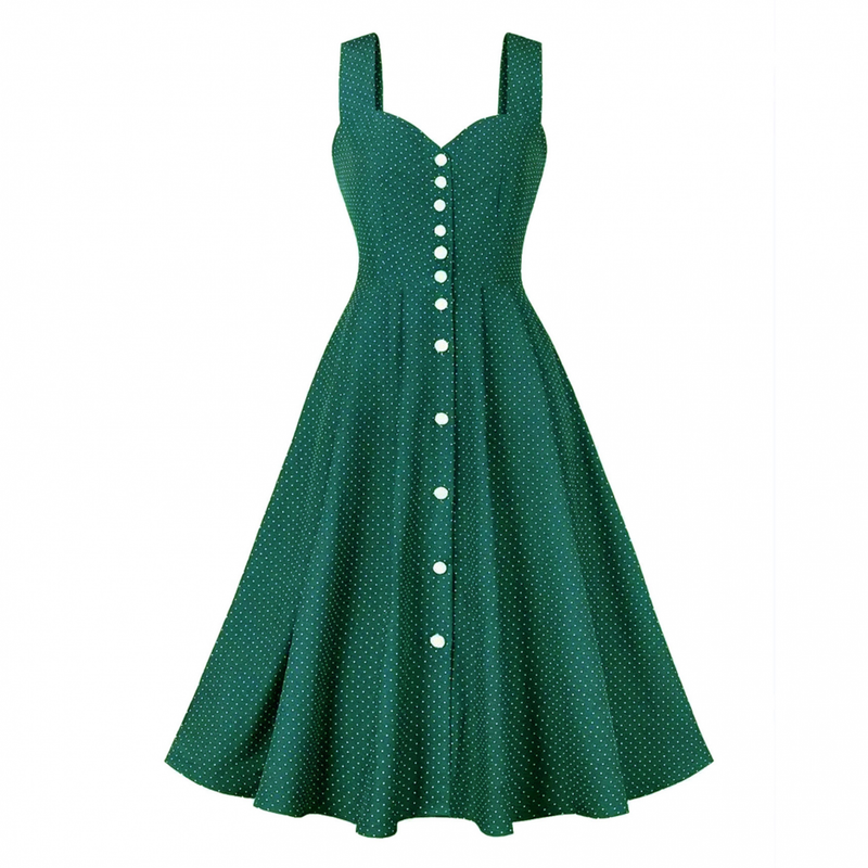 Women Wide Strap Polka Dots Vintage Single Breasted Cocktail Dress