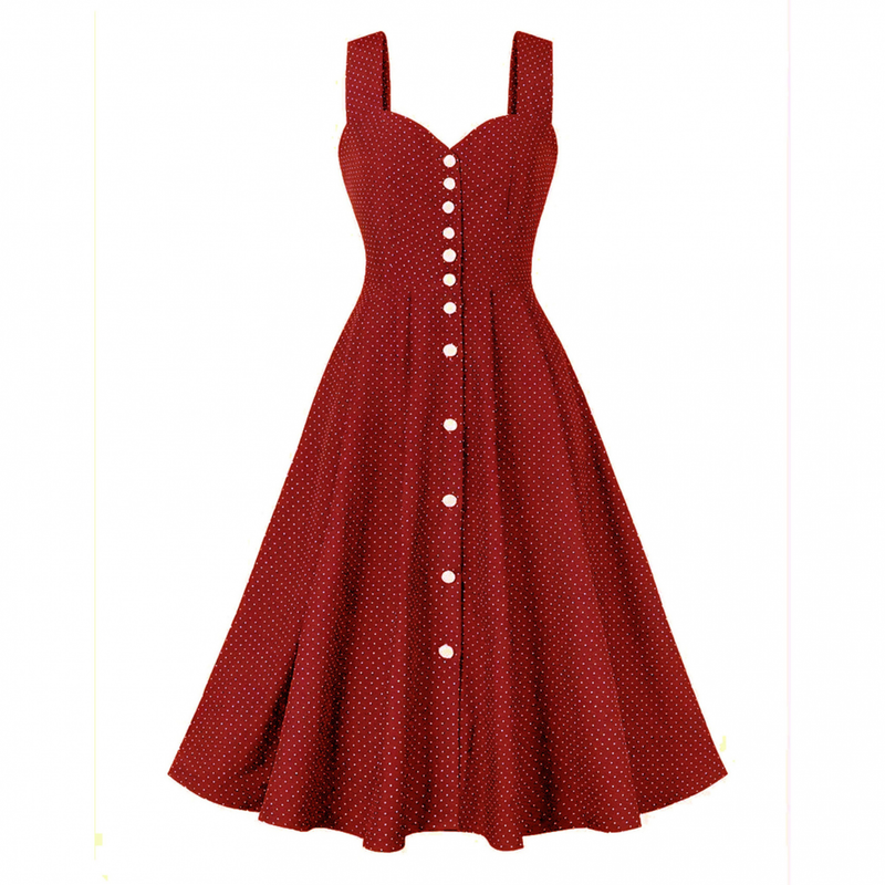 Women Wide Strap Polka Dots Vintage Single Breasted Cocktail Dress