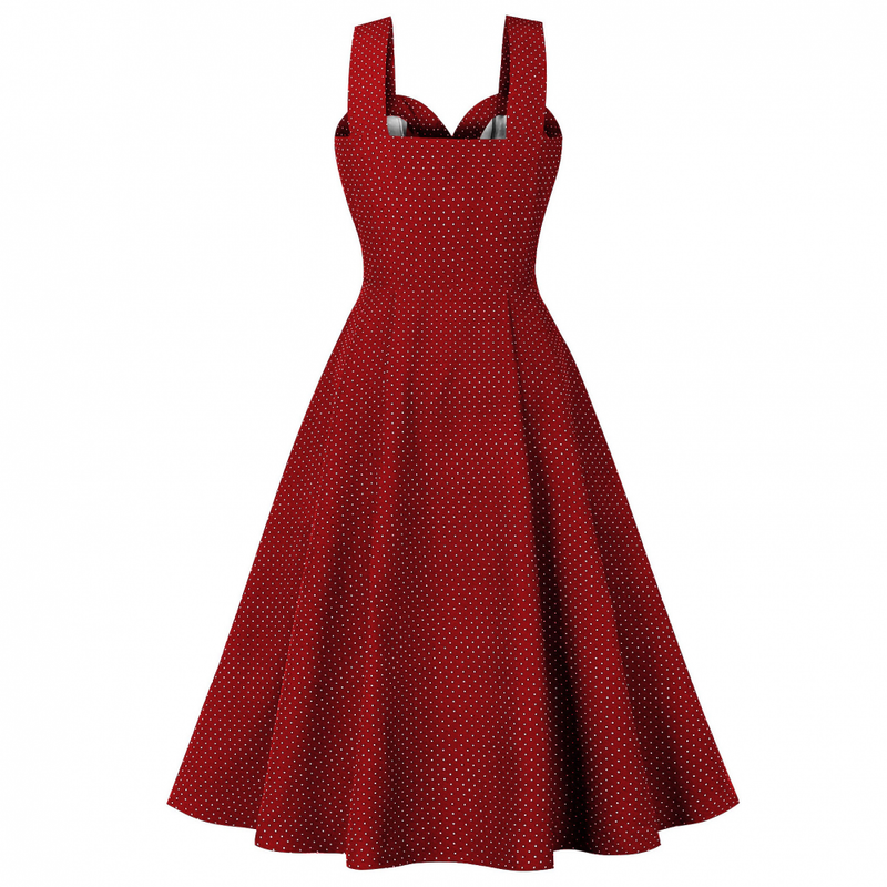 Women Wide Strap Polka Dots Vintage Single Breasted Cocktail Dress