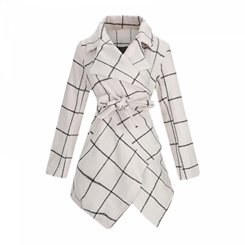 Women Wool Blend Grid Belted Outwear Asymmetric Hem Winter PeaCoats