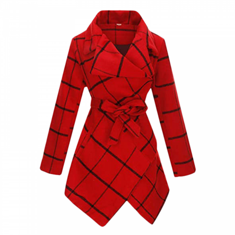 Women Wool Blend Grid Belted Outwear Asymmetric Hem Winter PeaCoats