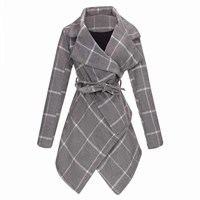 Women Wool Blend Grid Belted Outwear Asymmetric Hem Winter PeaCoats