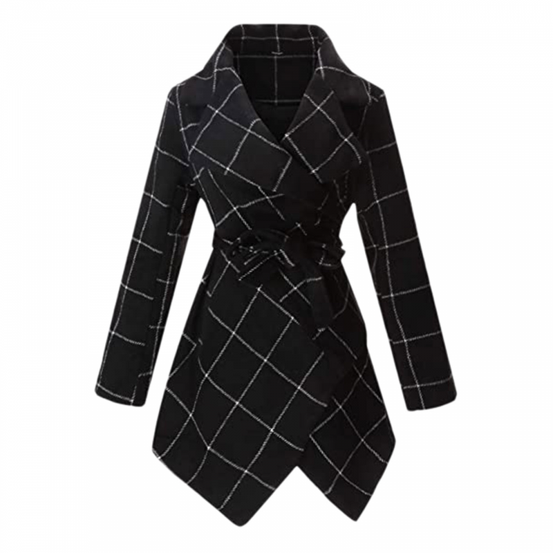 Women Wool Blend Grid Belted Outwear Asymmetric Hem Winter PeaCoats