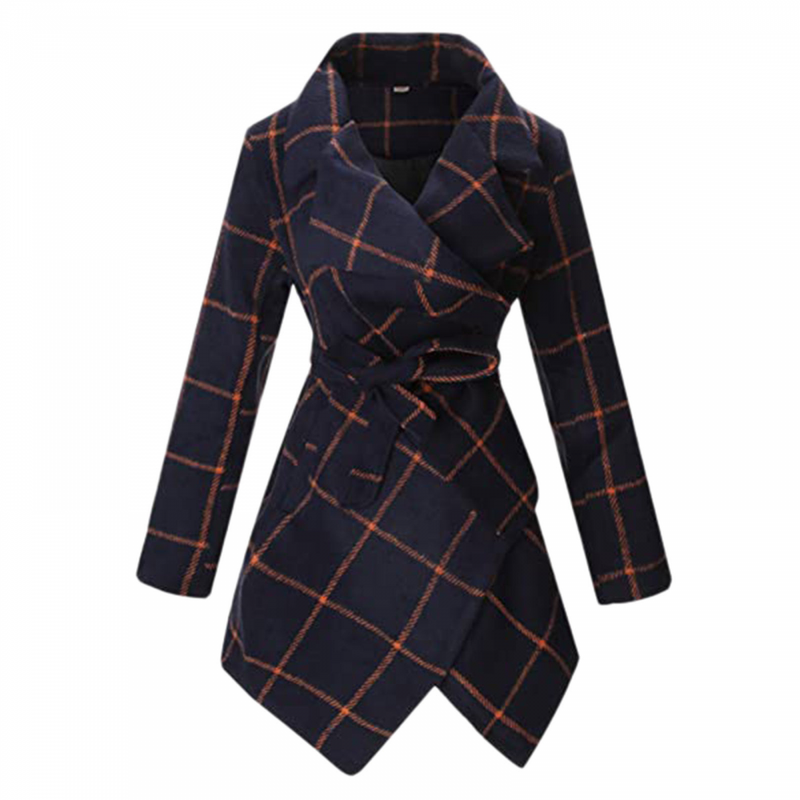 Women Wool Blend Grid Belted Outwear Asymmetric Hem Winter PeaCoats