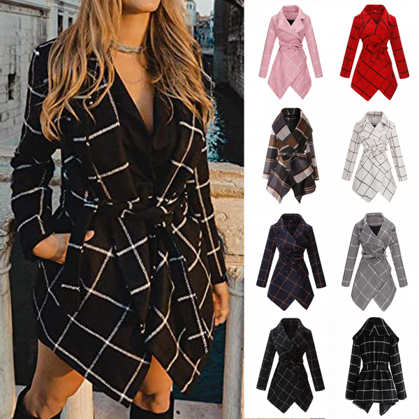 Women Wool Blend Grid Belted Outwear Asymmetric Hem Winter PeaCoats