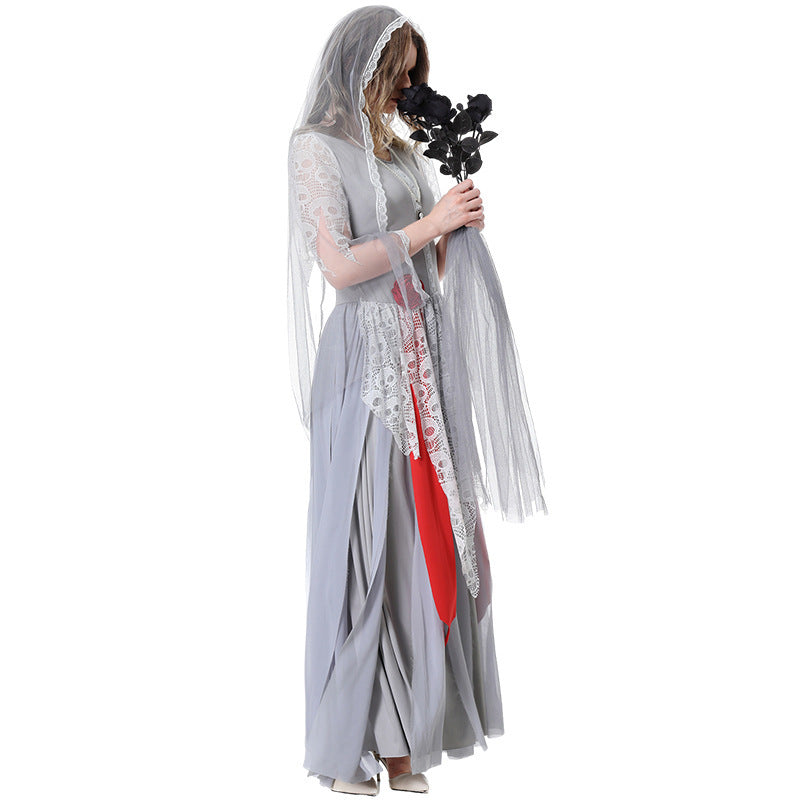 Women’s Ghost Bride Zombie Long Dress Halloween Costume Set