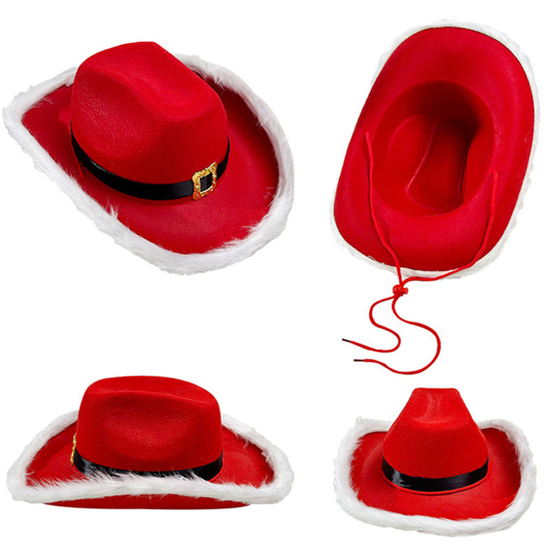 Christmas Hat Red Cowboy Hat White Beard Glasses Belt Gloves Set