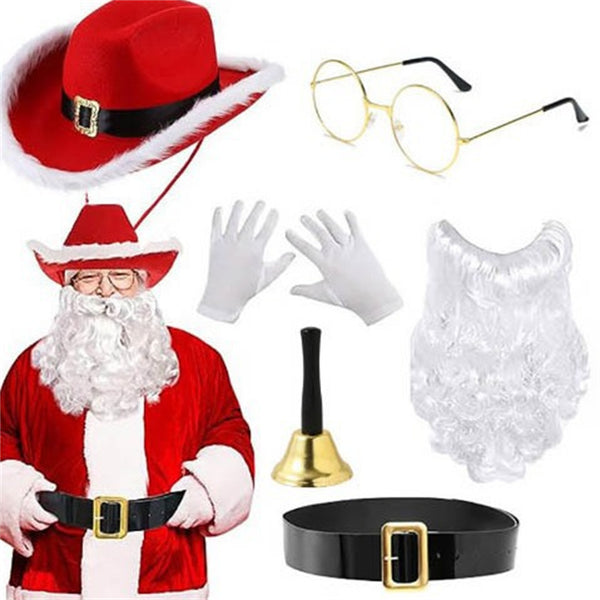 Christmas Hat Red Cowboy Hat White Beard Glasses Belt Gloves Set